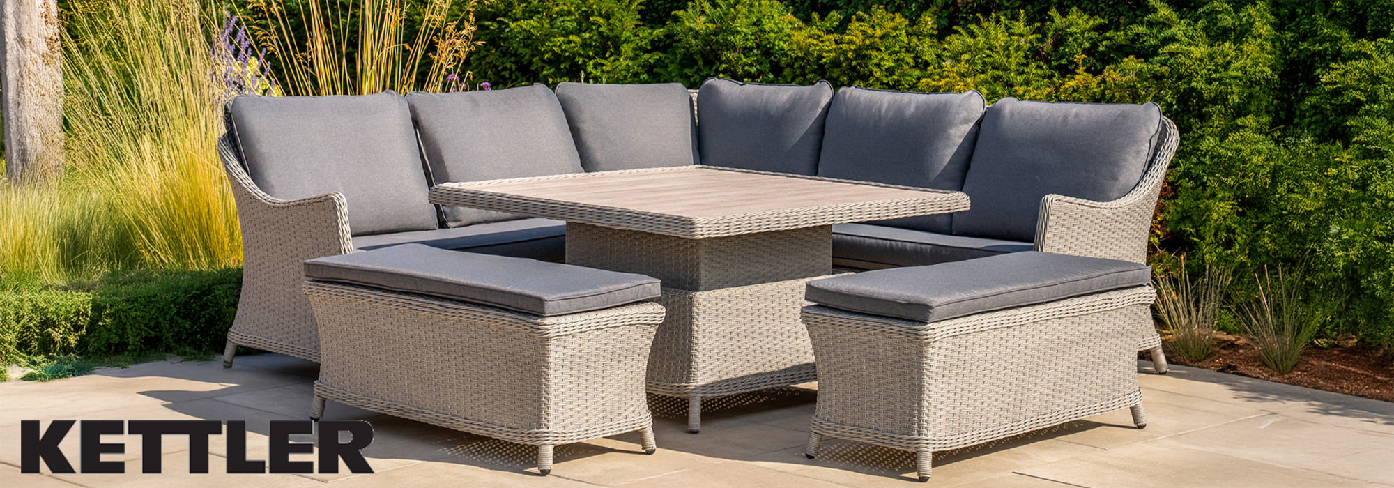 A view of a Kettler lounge garden furniture set with the kettler logo