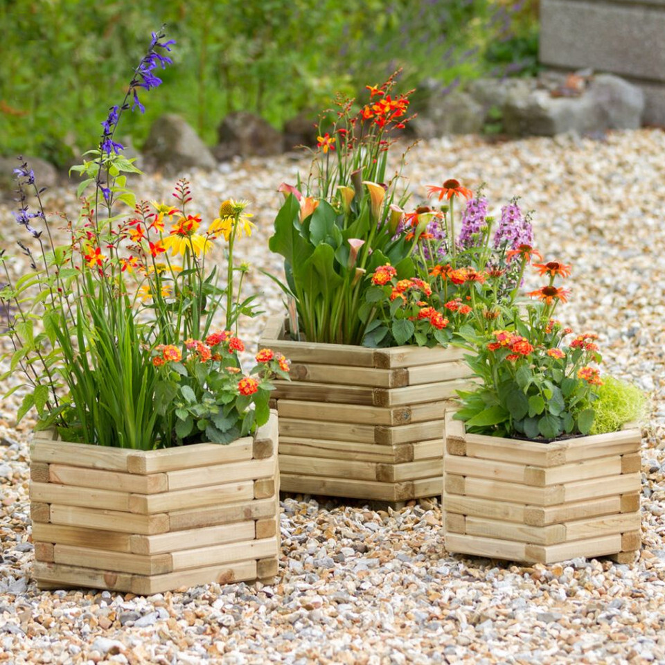 A view of three different size matching planters on a pebbled background, filled with colourful flowers
