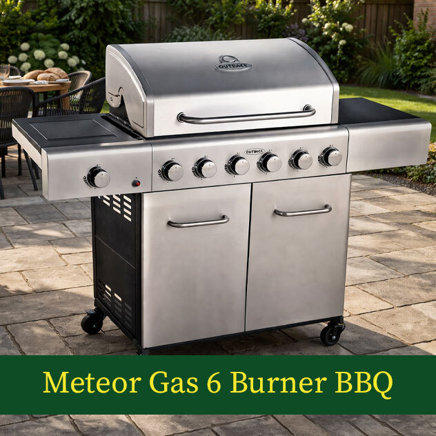 SHOP OUTBACK METEOR 6 BURNER GAS BBQ >