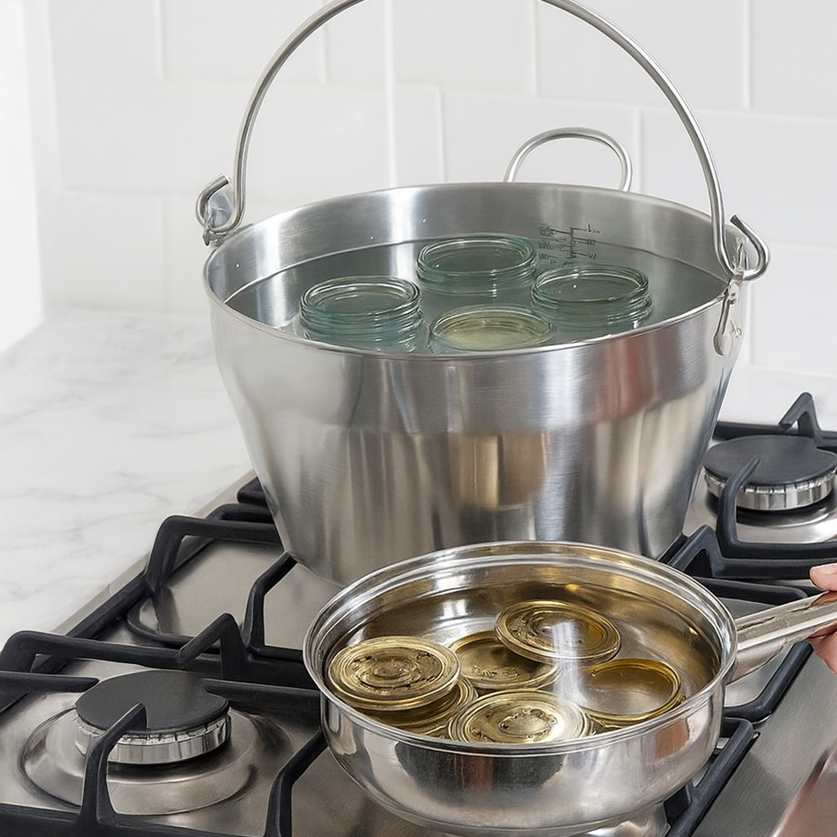 A view of glass jars and jar lids in a pot of hot water being sterilised on a hob