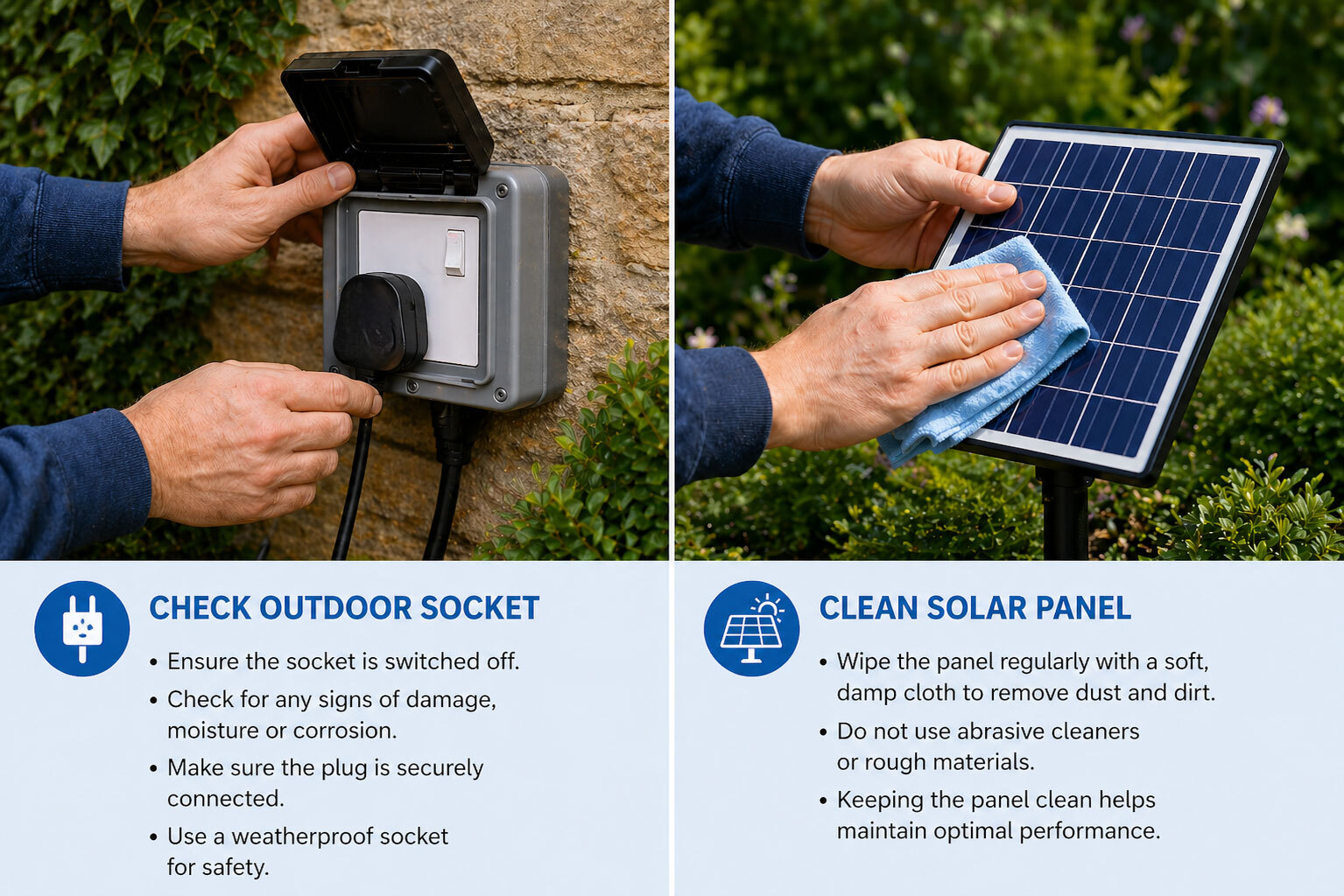 Outdoor maintenance tips showing a person checking a waterproof garden socket and cleaning a solar panel with a cloth to ensure safe and efficient operation.