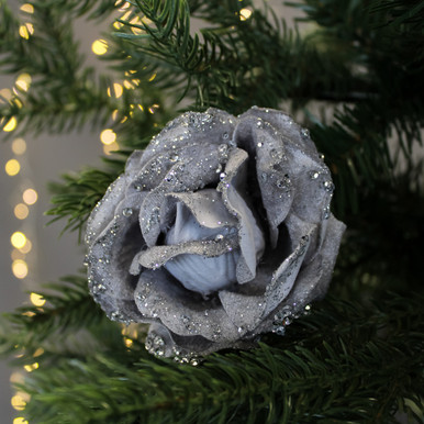 Silver Velvet Rose Clip On Decoration - 10cm