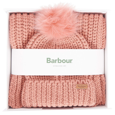 Barbour Womens Saltburn Beanie & Scarf Gift Set in Pink, Acrylic/Modacrylic/Polyester | Charlies