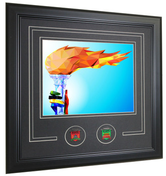 Beijing 2022 Olympics Framed Torch Photo w/ Opening & Closing Ceremony Pins