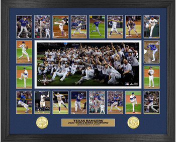 This special limited edition deluxe 18" x 22" frame features a large player celebration photo in the center surrounded by 20 action photos depicting each player and two bronze coins. Double matted under plexi glass with the 21 photos is a 39mm minted 2023 World Series Champions Coin and a 2023 World Series official logo coin. A limited edition of only 2023 and officially licensed by MLB and MLBPA, an individually numbered engraved nameplate is matted between the coins below the photos making this a true collectible. Proudly made in the USA