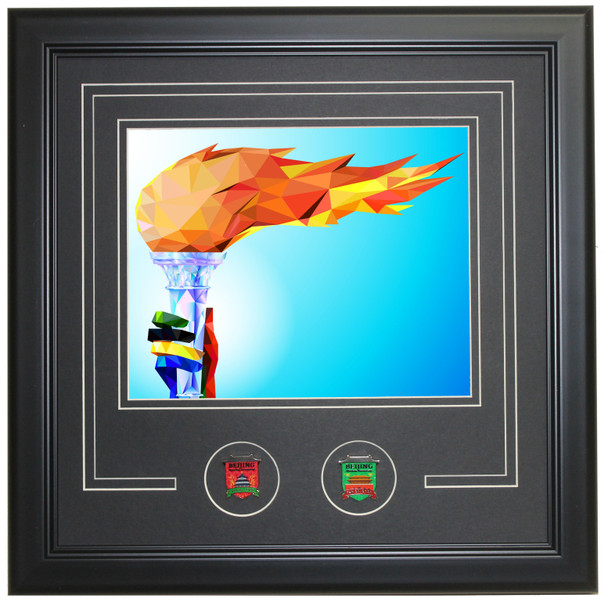 Beijing 2022 Olympics Framed Torch Photo w/ Opening & Closing Ceremony Pins