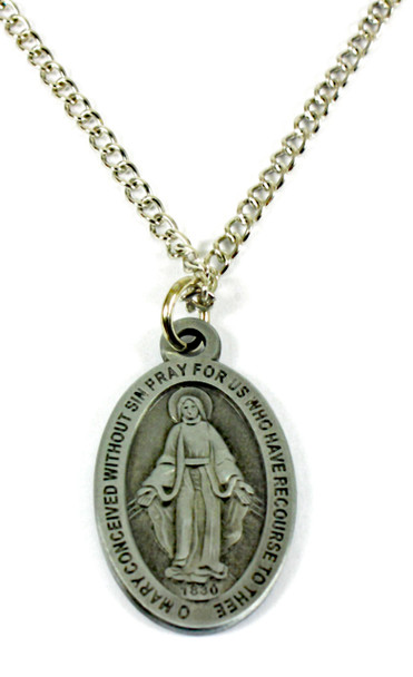 Miraculous Medal Pendant w/ 24" Necklace Chain - Silver