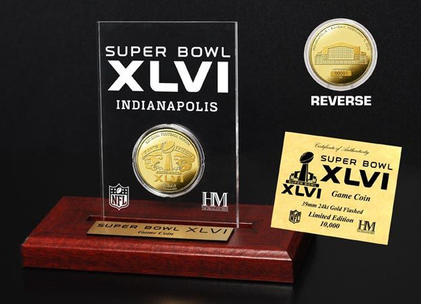 Super Bowl XLVI (46) 24KT Gold Flip Coin Desk Top Acrylic