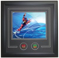 Beijing 2022 Olympics Framed Speed Skating Photo w/ Opening & Closing Ceremony Pins