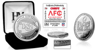 This limited edition 39mm silver plated coin is minted to commemorate the AFC Champions. The front of the coin is minted with the Team logo and the champions commemoration. Each coin is individually struck with a serial number on its edge and protected in a clear capsule to preserve its condition as well as delivered in a black velour jewelry case. A limited edition of only 5000 and officially licensed by NFL , each coin is accompanied by a certificate of authenticity.