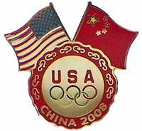 Beijing 2008 Olympics Dual Flags Five Rings Pin