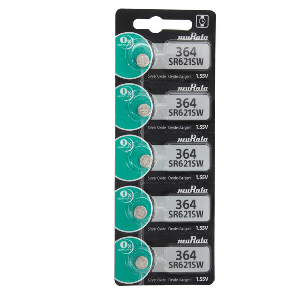 Sony Murata 364 - SR621SW Silver Oxide Button Cell Battery 1.55V - 5 Pack FREE SHIPPING