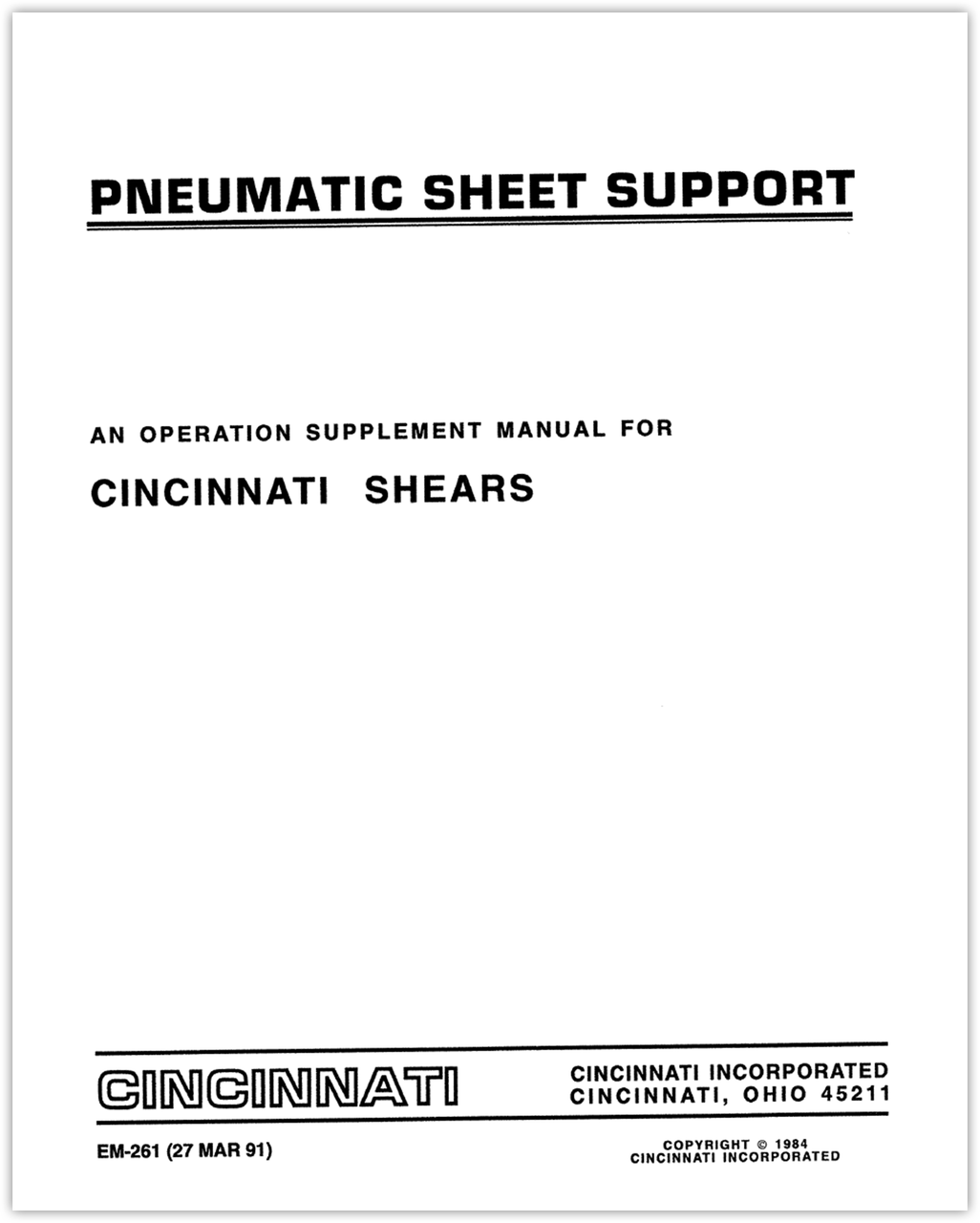 EM-261 (MAR 91) Pneumatic Sheet Supports - Mechanical Shears