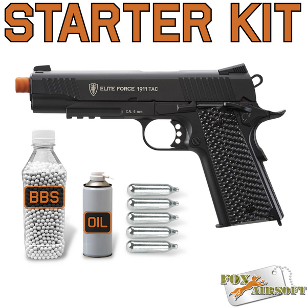 Elite Force 1911 TAC Pistol Starter Kit in Black, Image shows the gun, BB's, Silicon oil, and 12g co2 cartridges