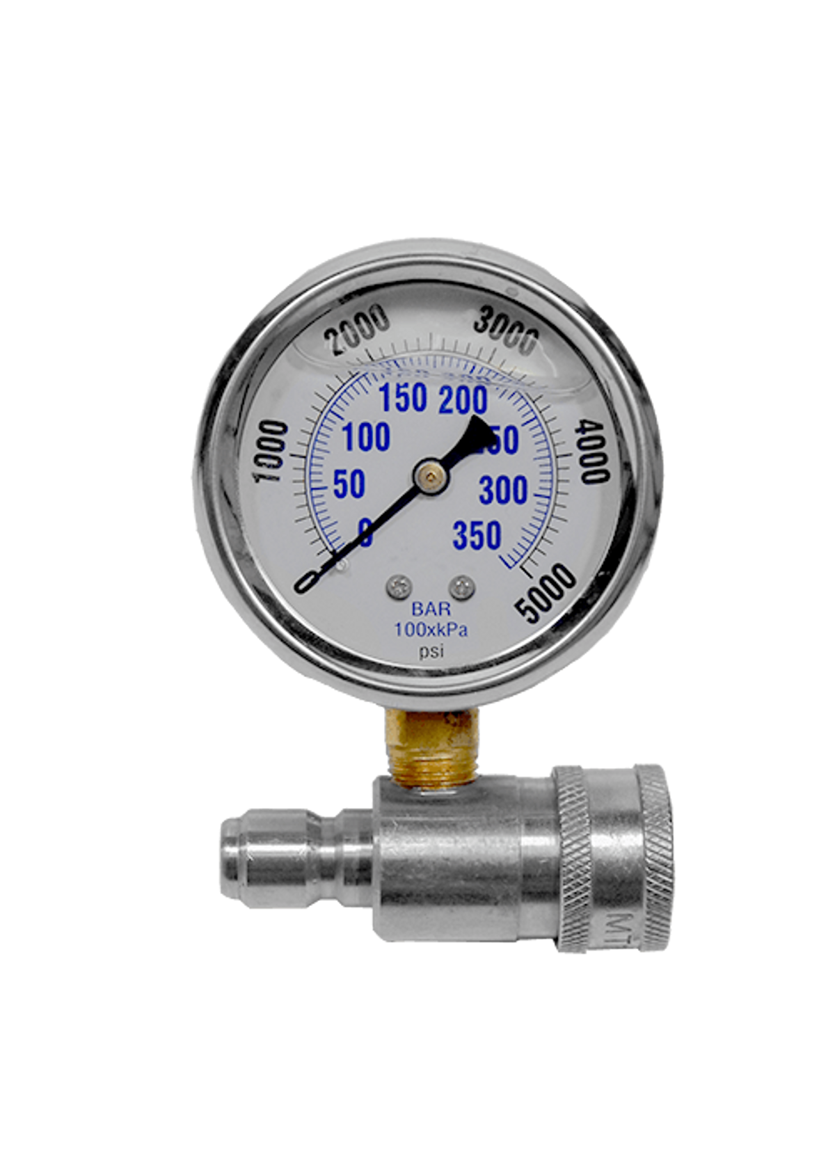 Veloci 43.5021 MTM Hydro 5,000 PSI Top Mount Gauge on Stainless QC Fitting