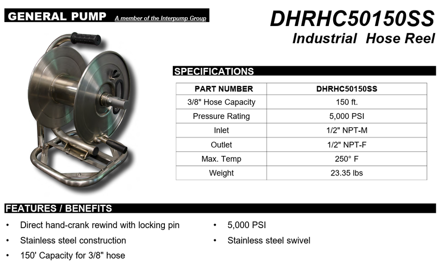 General Pump DHRHC50150SS Stainless Steel Hand Carry Hose Reel 3/8" x 150' 5000PSI