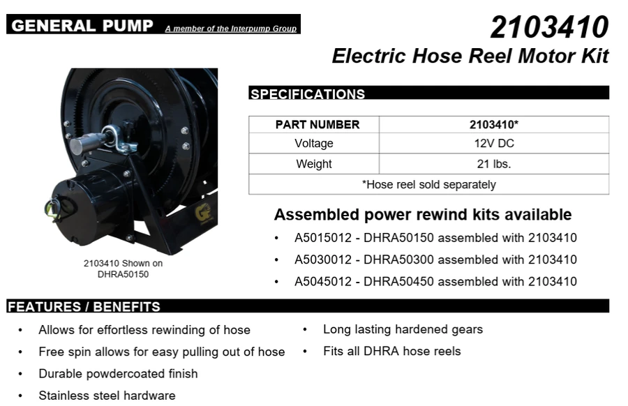 General Pump 2103410 Power Rewind Motor Kit for DHRA Hose Reels
