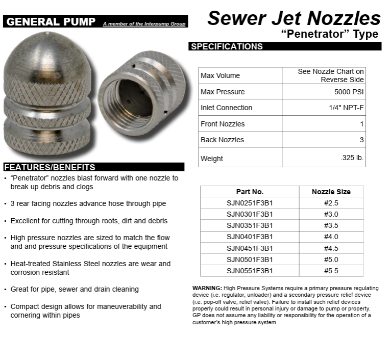 General Pump SJN0301F3B1 1/4" NPT-F 1 Front 3 Rear Facing Jets Penetrator Drain Cleaning Nozzle #3.0