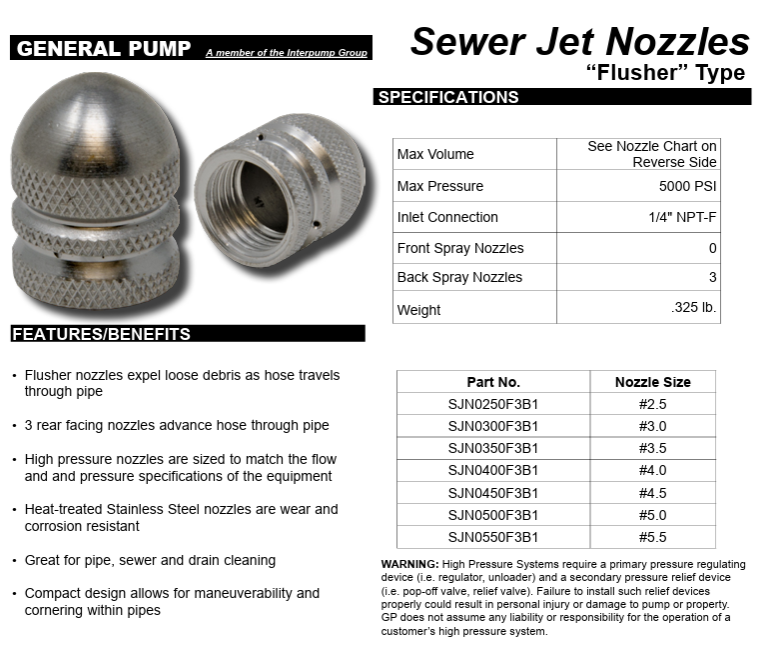General Pump SJN0400F3B1 1/4" NPT-F 3 Rear Facing Flusher Jets Drain Cleaning Nozzle #4.0