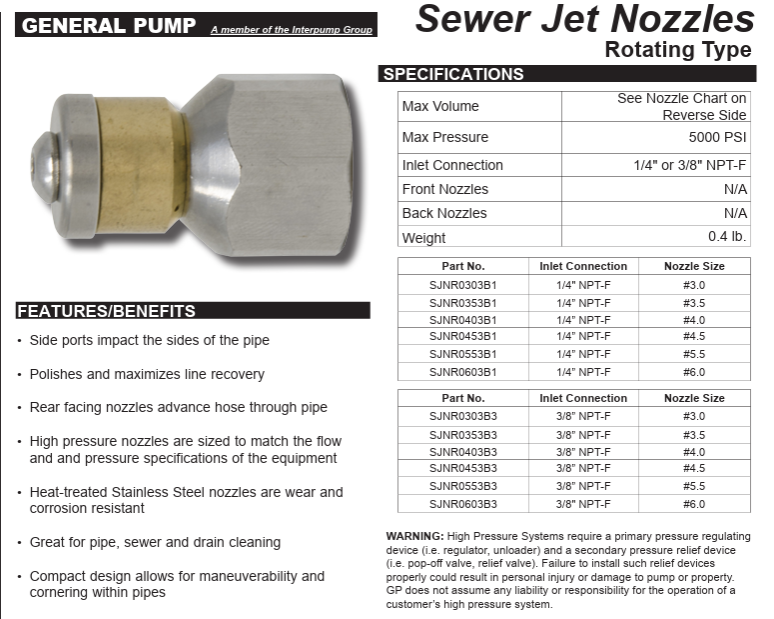 General Pump SJNR0303B3 3/8” NPT-F Rotating Sewer Jetting Drain Cleaning Nozzle #030