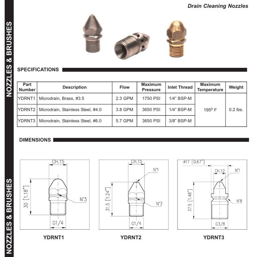 General Pump YDRNT1 Microdrain Brass 1/4”BSP-M Drain Cleaning Nozzle #3.5