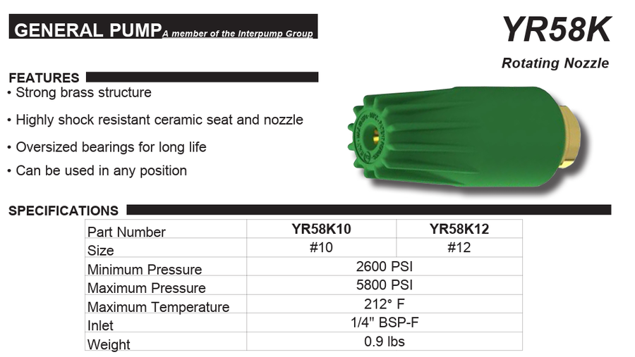 General Pump YR58K10 1/4" BSP-F Heavy Duty Brass Rotating Turbo Nozzle #10.0