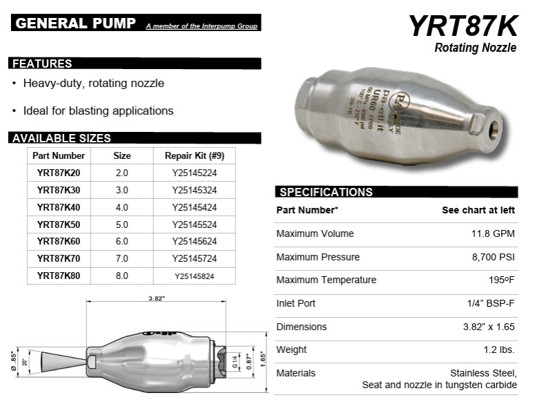 General Pump YRT87K80 1/4” BSP-F Heavy Duty High Pressure Stainless Steel Rotating Turbo Nozzle #8.0