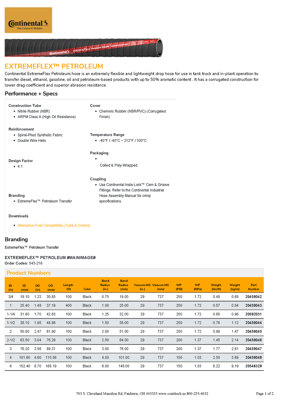 Continental ExtremeFlex™ Petroleum Transfer Hose 1" ID Per Foot
