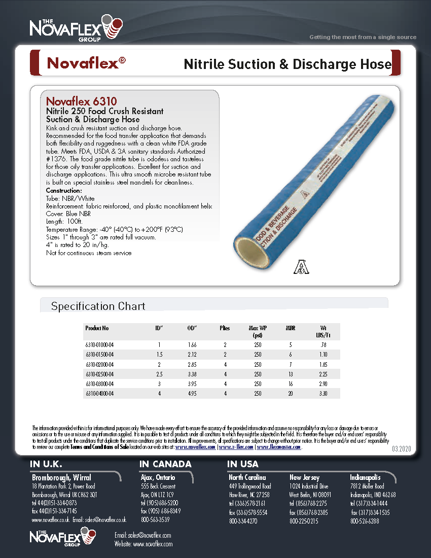 NovaFlex 6310 Nitrile 250 Crush Resistant Food & Beverage Suction / Discharge Hose 1.5" ID Per Foot