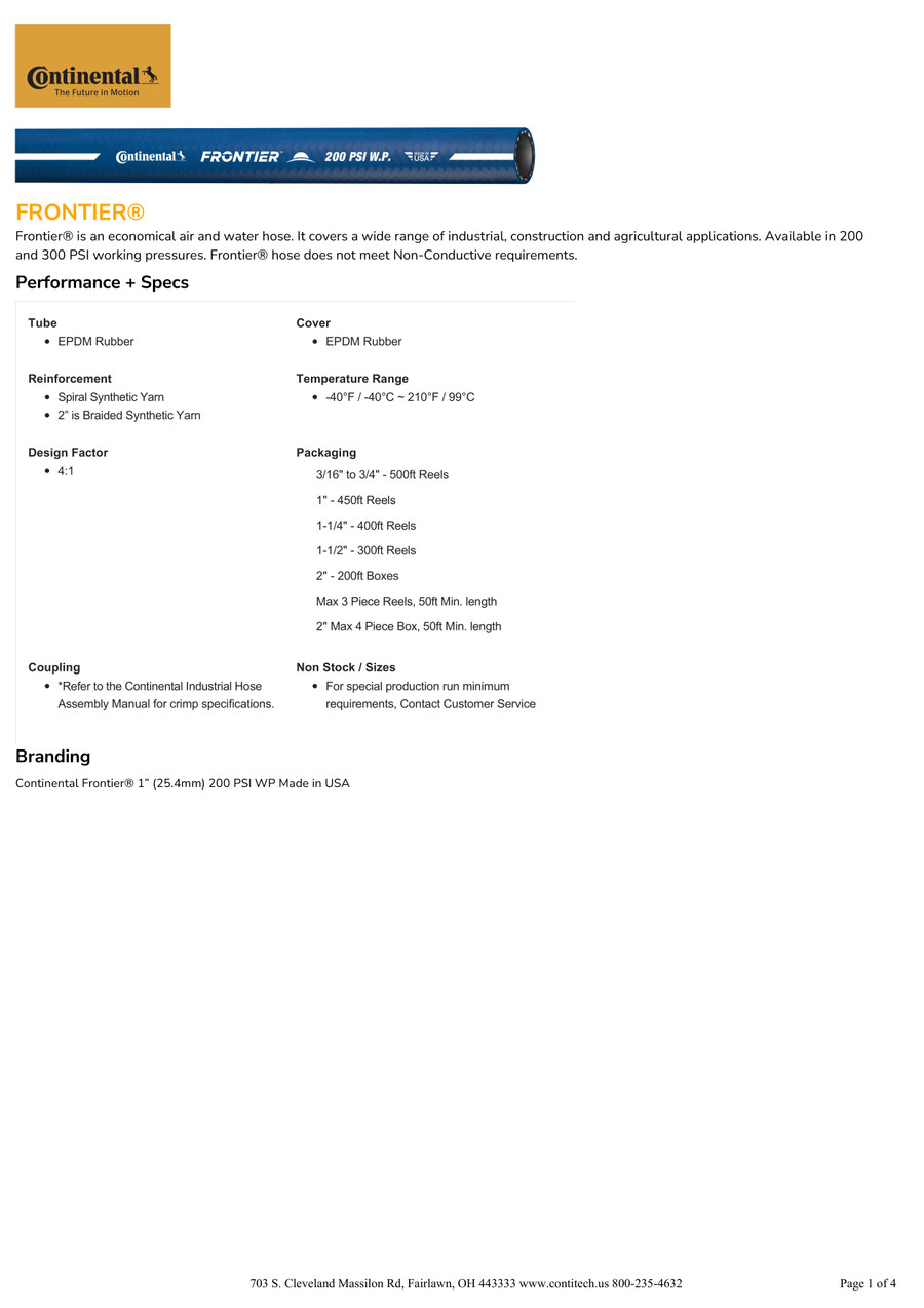 Continental Frontier 200 Black Air & Water Hose 1" Per Foot