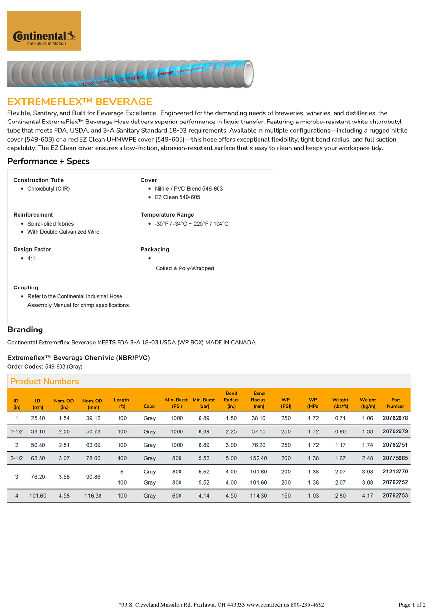 2" Continental ExtremeFlex Beverage Hose Assembly w/ Tri-Clamp Ends 9'