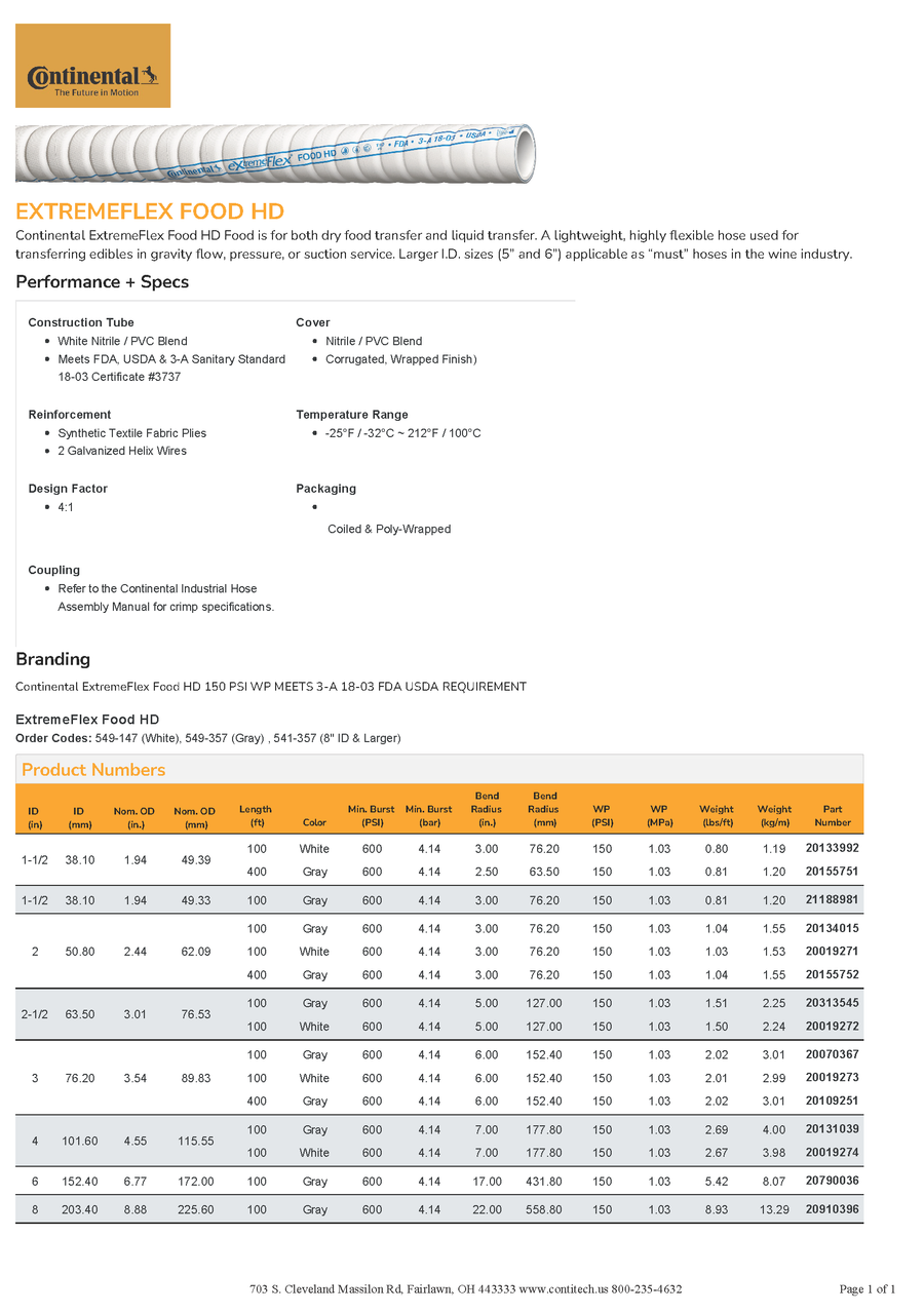2" Continental ExtremeFlex Food HD Hose White 