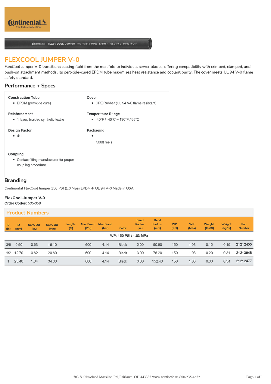 1/2" Continental FlexCool Jumper Data Cooling Hose Per Foot 