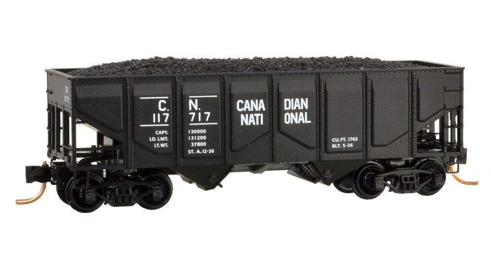 N Scale USRA 33' Panel-Side 2-Bay Hopper w/Load - Ready to Run Canadian National #117717 (black)