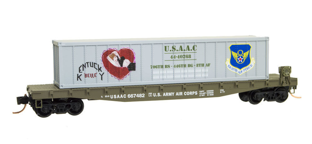 MTL04500509 N Scale 50' Steel Flatcar w/40' Container Load - Ready to Run -- USAAC #667482 (Kentucky Belle, #9 in WWII Nose Art Series) MTL04500509 N Scale 50' Steel Flatcar w/40' Container Load - Ready to Run -- USAAC #667482 (Kentucky Belle, #9 in WWII Nose Art Series)