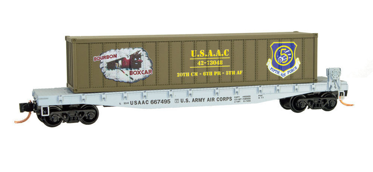 50' Steel Flatcar w/40' Container Load - Ready to Run -- USAAC #667495 (Bourbon Boxcar, #10 in WWII Nose Art Series)