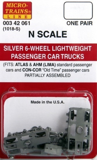 00342061 N scale Six-Wheel Passenger Car Silver Trucks Standard with Adjustable Couplers 1 Pair
