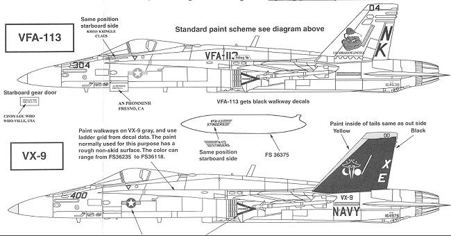 480713 Decal - McDonnell-Douglas F/A-18C Hornet (2) 164976 XE/400 VX-9 black fin/yellow trim; 164638 NK/304 VFA-113 Stingers USS Abraham Lincoln  1:48