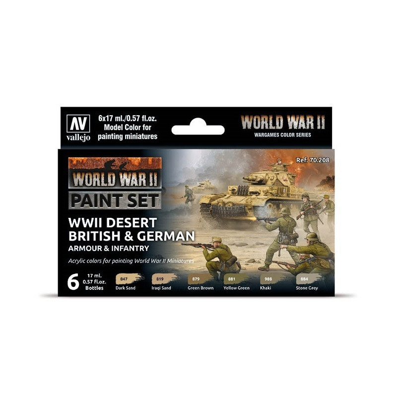 VLJ70208 - Desert British & German Armour & Infantry WWII Wargames Paint Set (6 Colors)