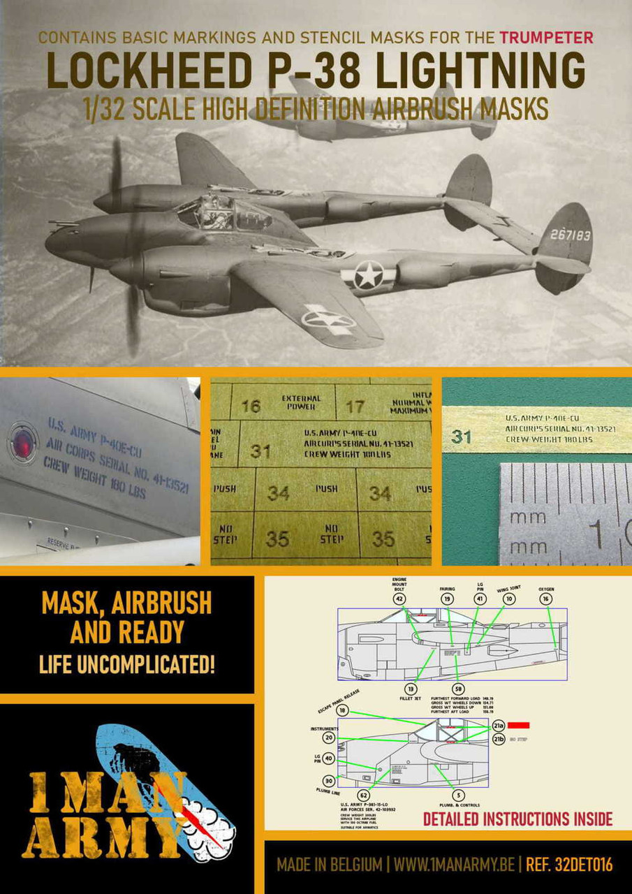 1MA32DET016 Lockheed P-38L Lightning high definition stencilling and national insignia paint masks 1/32