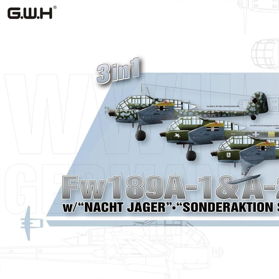 LNRS4820 Great Wall Hobby 1/48 WWII German Fw 189A1 & A2 w/ Nacht Jager & Sonderaktion Schneekufen 3 in 1