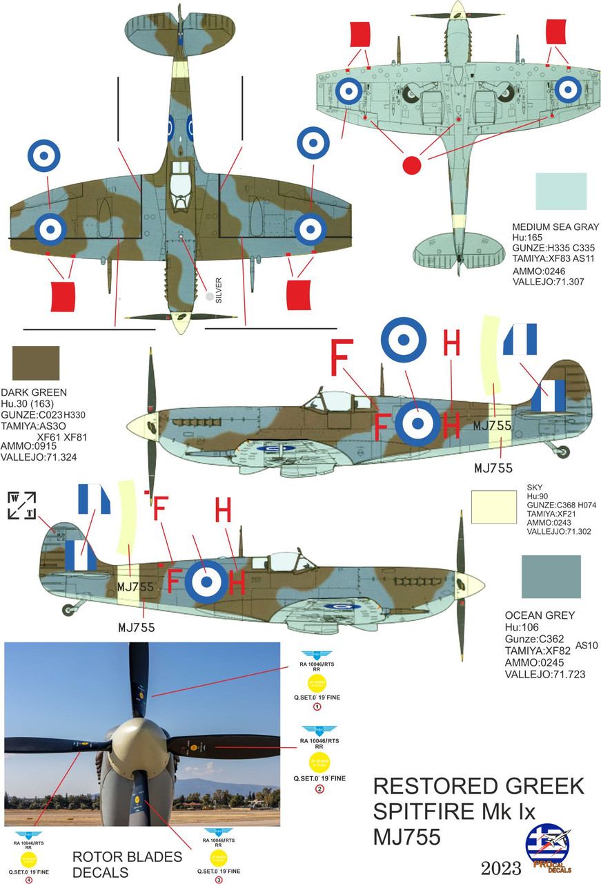 PD24-2303 Procal Decals  1/32 Greek restored Supermarine Spitfire Mk.IX IN 4 SCALES
