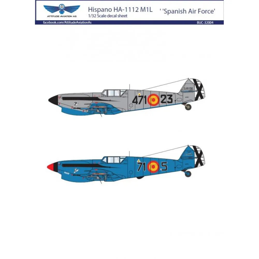 BUC-32004 Attittude Aviation 1/32  Hispano HA-1112M1L Buchon Spanish Air Force decal sheet