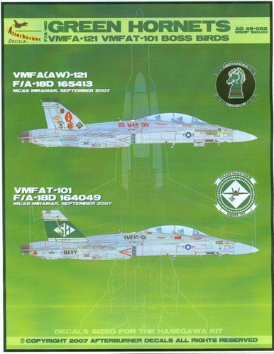 AFD48022 1:48 Afterburner Decals F-18D Green Hornets VFMA-121 VMFAT-101 Boss Birds*