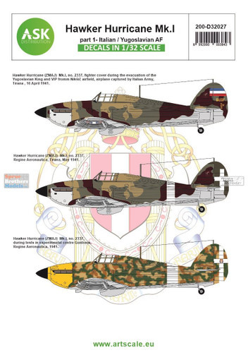 ASKD32027 1:32 ASK/Art Scale Decals - Hurricane Mk.IIc Part 1: Italian/Yugoslav Air Force