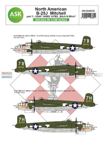 ASKD48038 1:48 ASK/Art Scale Decals - B-25J Mitchell Part 3 - 340BG 347BS 'Bitch N Mitch' & 'White Litenin'