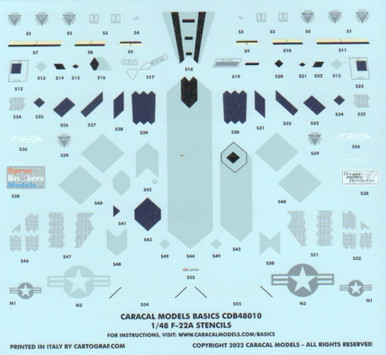 CARB48010 1:48 Caracal Models Basics Decals - F-22 Raptor Stencils