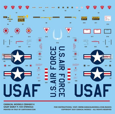 CARB48014 1:48 Caracal Models Basics Decals - USAF Early F-104 Starfighter Stencils & National Insignia