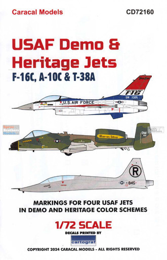 CARCD72160 1:72 Caracal Models Decals - USAF Demo & Heritage Jets (F-16C A-10C T-38A)