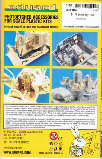 EDU491184 1:48 Eduard Color PE - B-17F Flying Fortress Bomb Bay Detail Set (HKM kit)